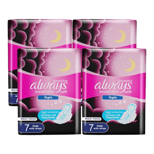 Always Breathable Soft Maxi Thick Night Sanitary Pads With Wings - 7 Pcs (3+1) Online now