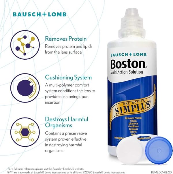 Boston Simplus Multi-Action Solution, 4x 120ml Contact Lens Solution for Rigid Gas Permeable Contact Lenses - Clean, Disinfect & Condition with 4x Lens Cases Hot on Sale