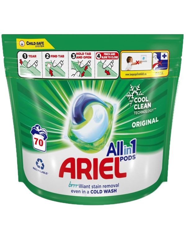 Ariel All in One Pods, 70 Wash Pods For Automatic Washing Machines With a child safety lock--- pack of 2 Sale