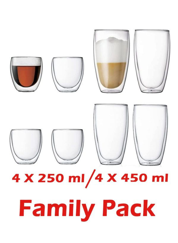 Bodum PAVINA Double Walled Thermo Glasses - Pack of 8 (4x 450ml and 4x 250ml) For Sale