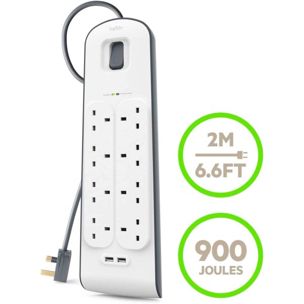 Belkin 8Port Power Extension Strip, 8 Way, 8 Plug Surge Protection Lead, 2Port 2.4A USB Charging Port (2m Cable). Hot on Sale