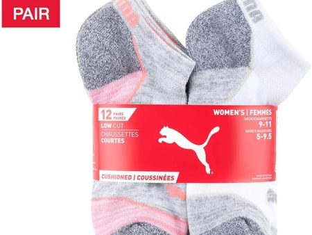 Puma Womens Low Cut Cushioned Socks 12-Pack, White-Pink, 9-11 Online Sale