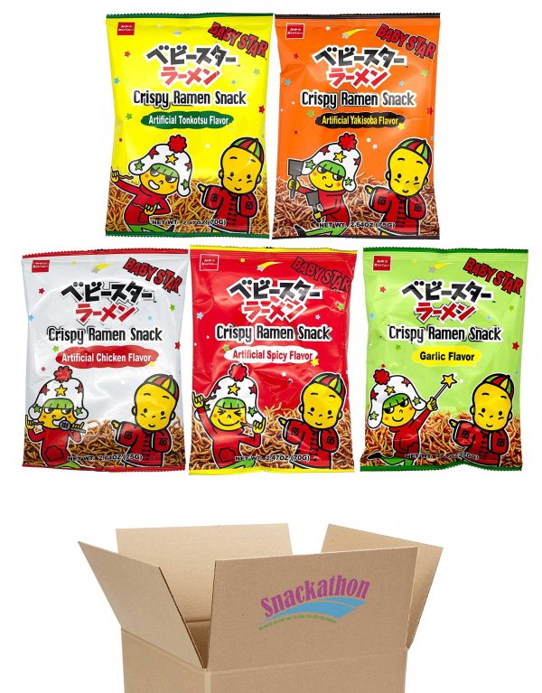 Baby Star Crispy Ramen Snacks Variety Pack, 5 Flavors (Chicken, Spicy, Garlic, Tonkotsu, Yakisoba), 1 Bag each Flavor For Discount