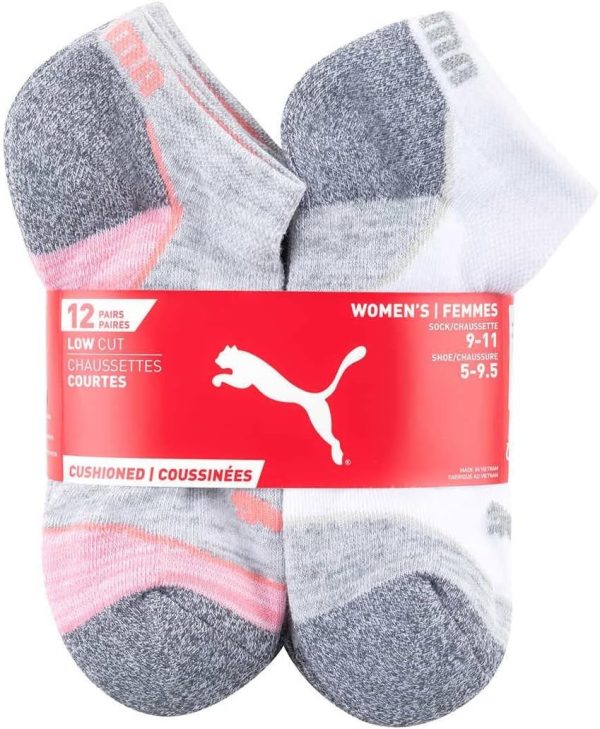 Puma Womens Low Cut Cushioned Socks 12-Pack, White-Pink, 9-11 Online Sale