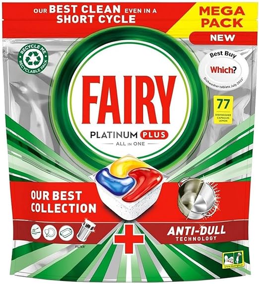 Fairy Platinum Plus All-in-One Dishwasher Tablets, Lemon, 77 Tablets, Fairy s Best Tough Food Cleaning Anti-dull Technology For Sale