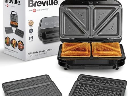 Breville 3-in-1 Ultimate Snack Maker | Deep Fill Toastie Maker, Waffle Maker & Panini Press | Removable Non-Stick Plates | Black & Stainless Steel [VST098] For Sale